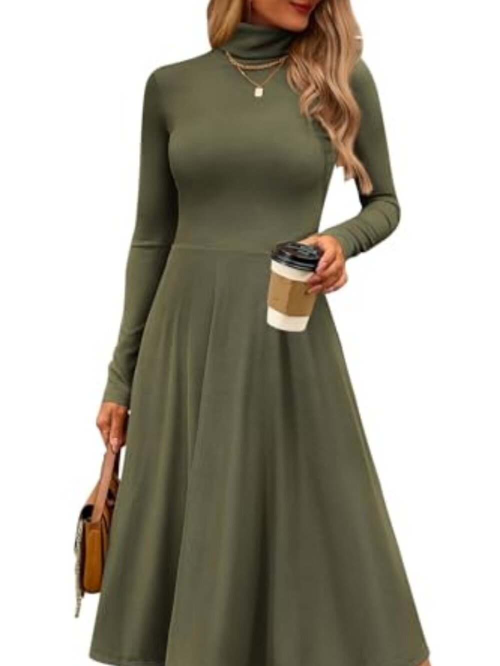 CFLONGE Womens Long Sleeve Turtleneck Dress Midi A Line Fall Dresses